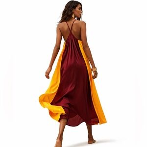 Banana Republic Coral Midi Elegant Colorblock Halter Flowy Sleeveless Dress